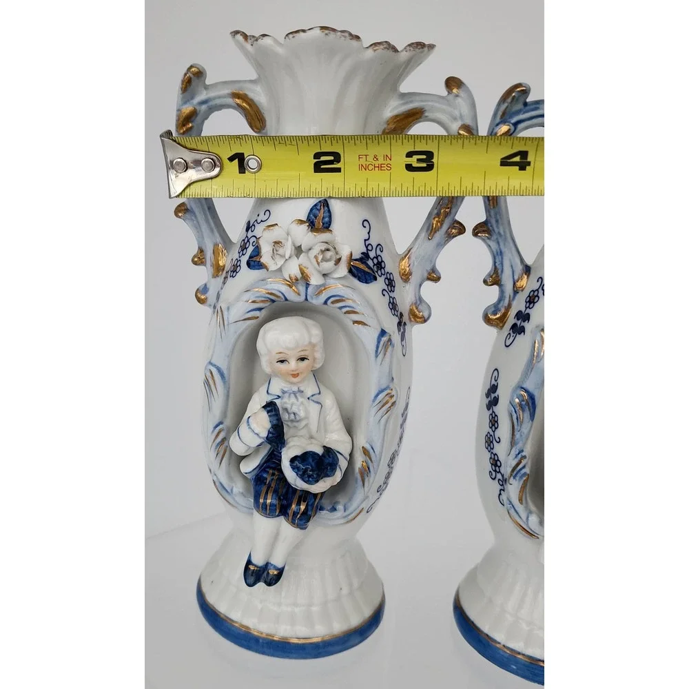 Allied Japan Porcelain Figural Vases Set of 2 Blue White Gold Victorian 3D EXC